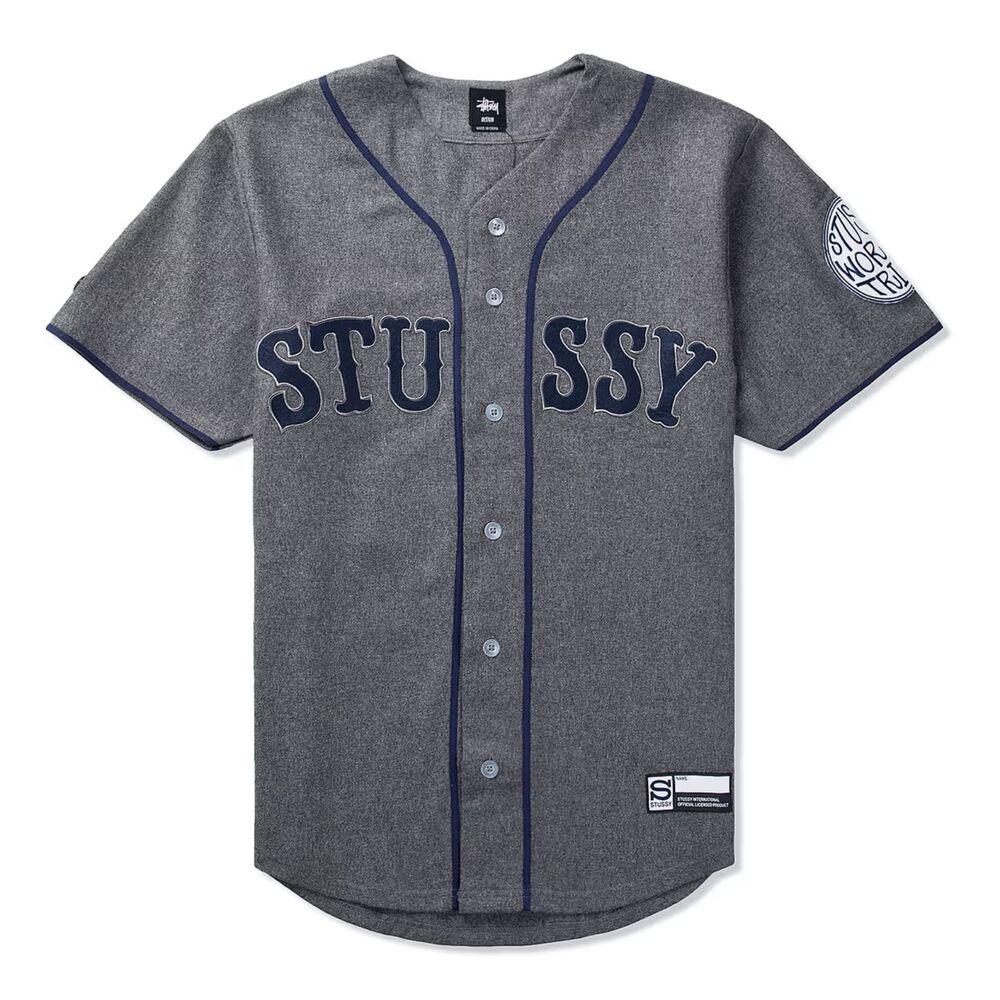 Stussy Heather Grey Baseball Shirt Jersey Button Down World Tribe Men's Small